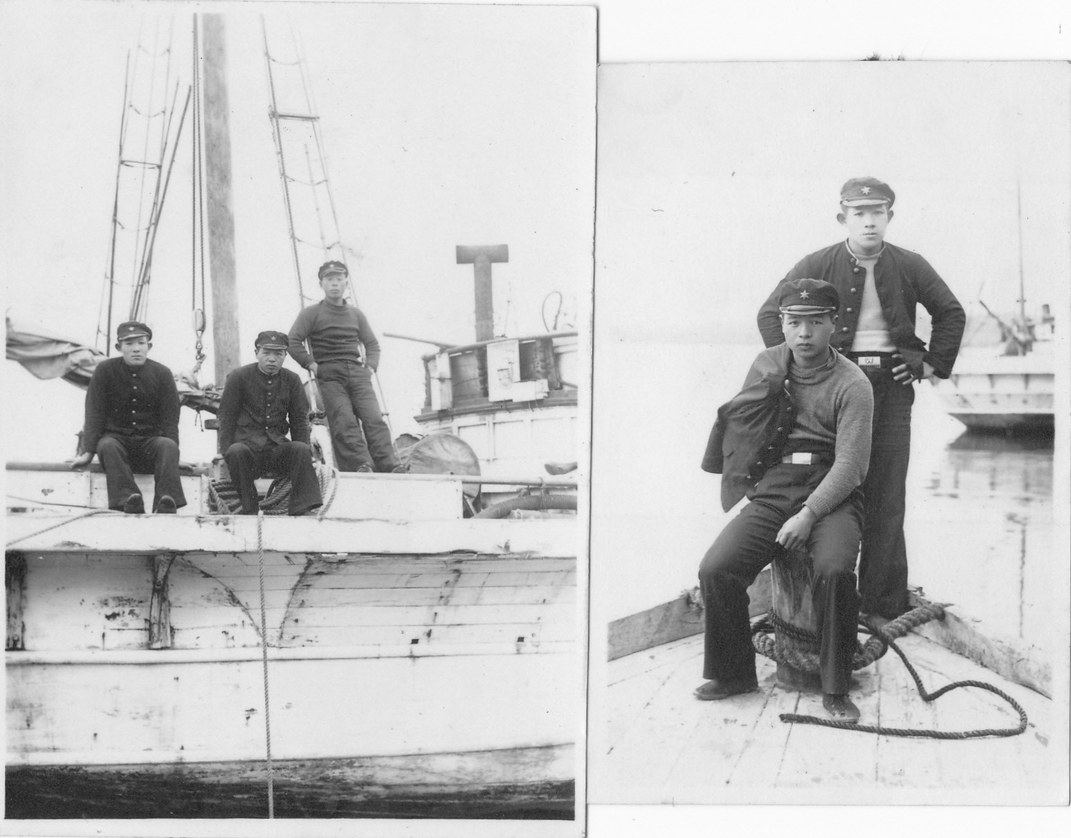 1940年当時の焼玉エンジン搭載の木造かつを・まぐろ漁船、左の写真中央と右の写真手前は二川清18才ころの写真　この写真が私社の現存する最古の漁船の写真です。撮影場所は那珂川の那珂湊大橋の600メートル下流　稲葉屋菓子店(ひたちなか市栄町)付近です。